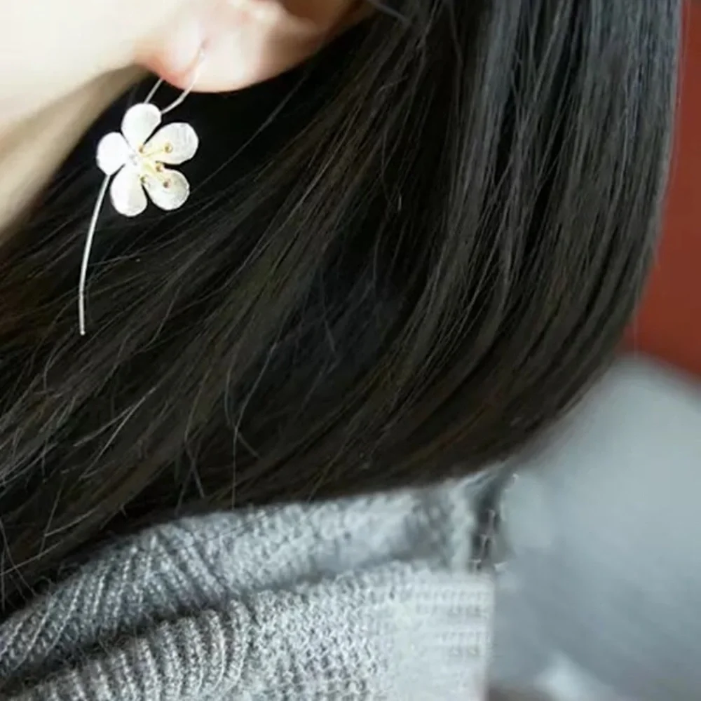 Japanese Cherry Blossom Floral Silver Loop Earring